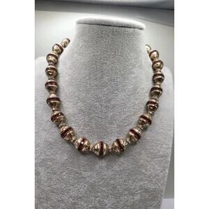 Vintage VOGUE Red Rhinestone Engraved Bead Necklace 1940s to 1950s Signed